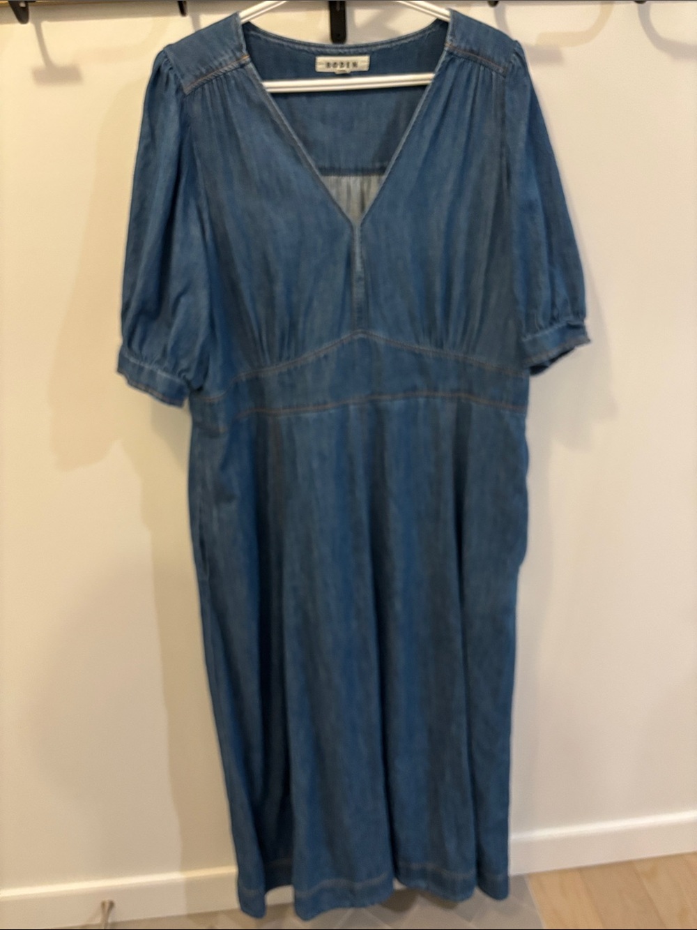 Boden Medium Blue Denim V-Neck Midi Dress